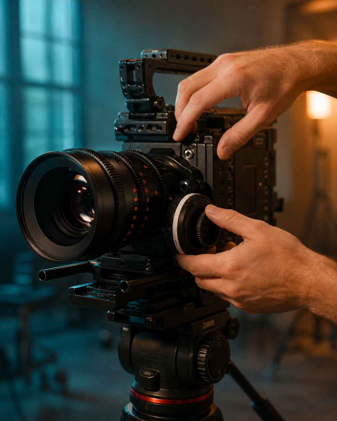 يدان تضبطان كاميرا سينمائية على حامل ثلاثي داخل موقع تصوير