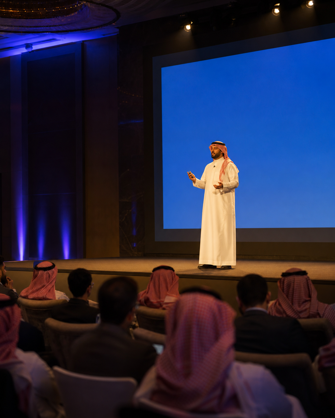 متحدث على منصة مؤتمر أمام شاشة عرض وحضور في المقدمة